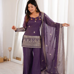 Women's Embroidered Crunchy Silk Short Kurta With Palazzo &  Dupatta Set