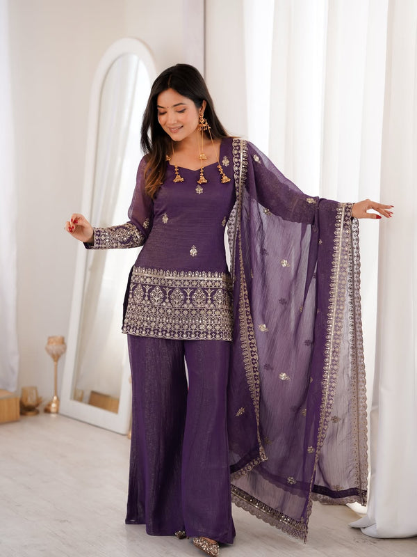 Women's Embroidered Crunchy Silk Short Kurta With Palazzo &  Dupatta Set