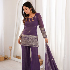 Women's Embroidered Crunchy Silk Short Kurta With Palazzo &  Dupatta Set