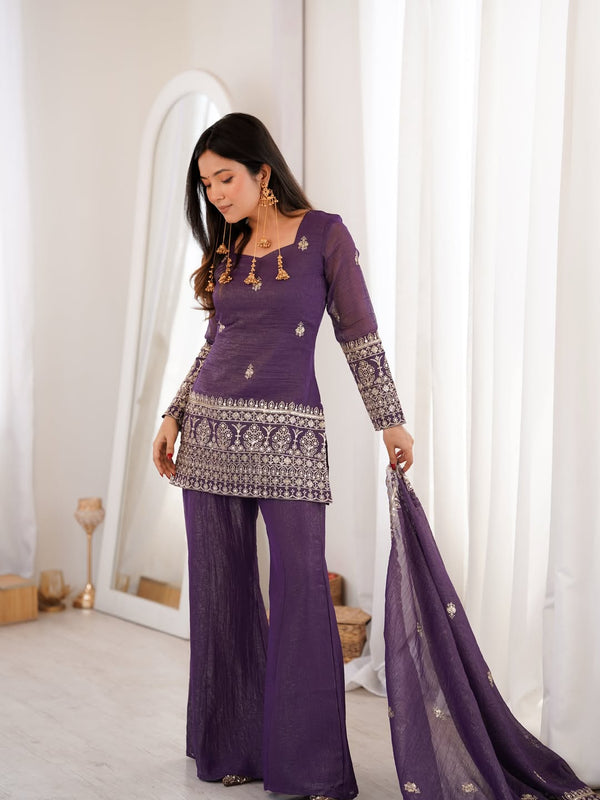 Women's Embroidered Crunchy Silk Short Kurta With Palazzo &  Dupatta Set