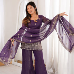 Women's Embroidered Crunchy Silk Short Kurta With Palazzo &  Dupatta Set