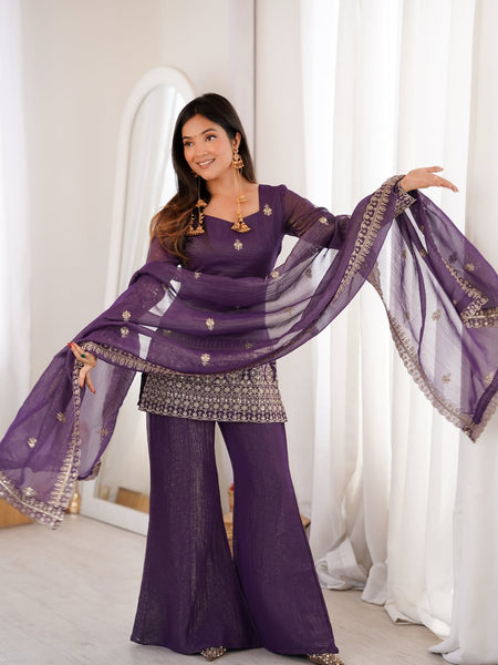Women's Embroidered Crunchy Silk Short Kurta With Palazzo &  Dupatta Set