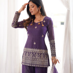 Women's Embroidered Crunchy Silk Short Kurta With Palazzo &  Dupatta Set