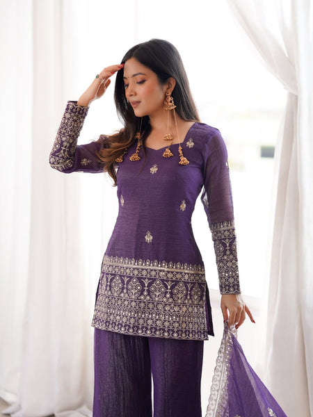 Women's Embroidered Crunchy Silk Short Kurta With Palazzo &  Dupatta Set