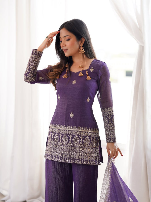 Women's Embroidered Crunchy Silk Short Kurta With Palazzo &  Dupatta Set