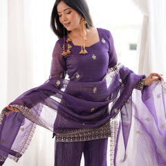 Women's Embroidered Crunchy Silk Short Kurta With Palazzo &  Dupatta Set