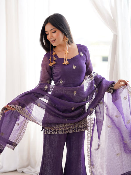 Women's Embroidered Crunchy Silk Short Kurta With Palazzo &  Dupatta Set