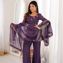 Women's Embroidered Crunchy Silk Short Kurta With Palazzo &  Dupatta Set