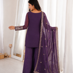 Women's Embroidered Crunchy Silk Short Kurta With Palazzo &  Dupatta Set
