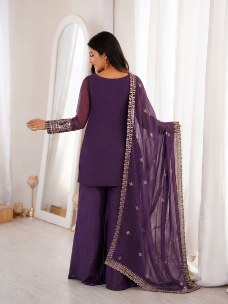 Women's Embroidered Crunchy Silk Short Kurta With Palazzo &  Dupatta Set