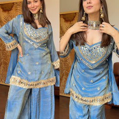 Sky Blue Vichitra Silk Mirror Work Kurta Set with Dupatta