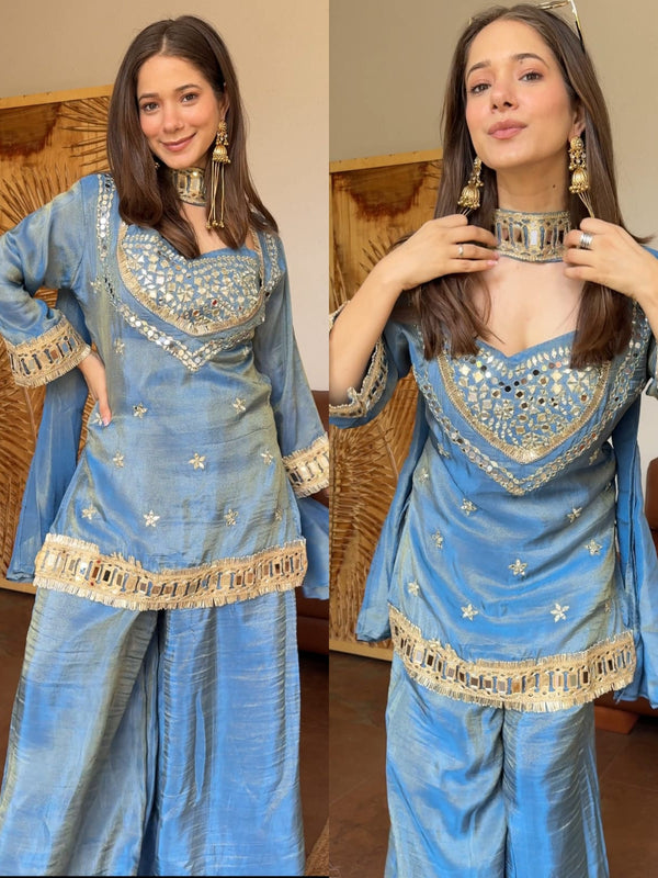 Sky Blue Vichitra Silk Mirror Work Kurta Set with Dupatta