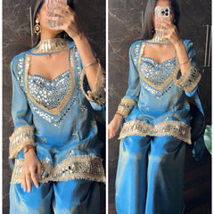 Sky Blue Vichitra Silk Mirror Work Kurta Set with Dupatta