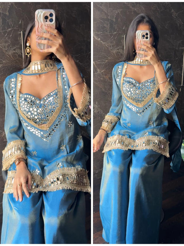 Sky Blue Vichitra Silk Mirror Work Kurta Set with Dupatta