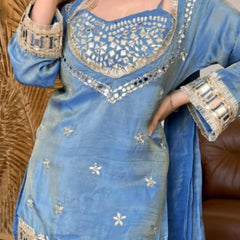 Sky Blue Vichitra Silk Mirror Work Kurta Set with Dupatta