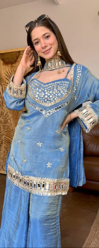 Sky Blue Vichitra Silk Mirror Work Kurta Set with Dupatta