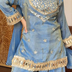 Sky Blue Vichitra Silk Mirror Work Kurta Set with Dupatta
