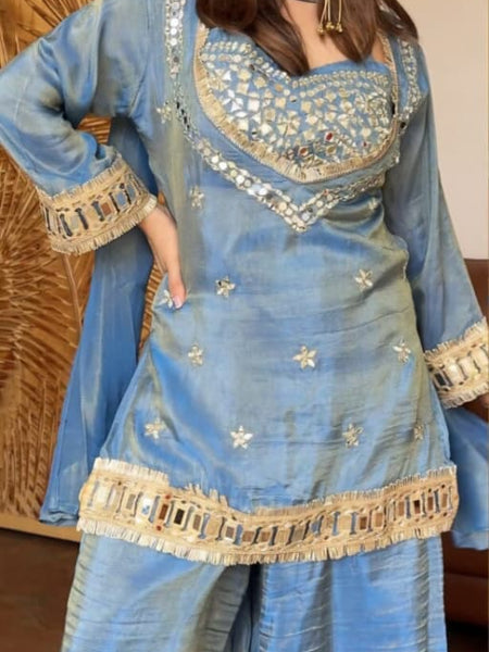 Sky Blue Vichitra Silk Mirror Work Kurta Set with Dupatta