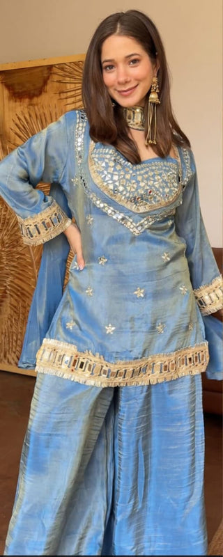 Sky Blue Vichitra Silk Mirror Work Kurta Set with Dupatta