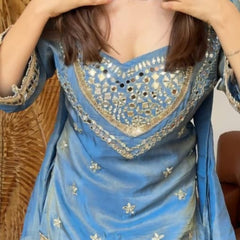 Sky Blue Vichitra Silk Mirror Work Kurta Set with Dupatta