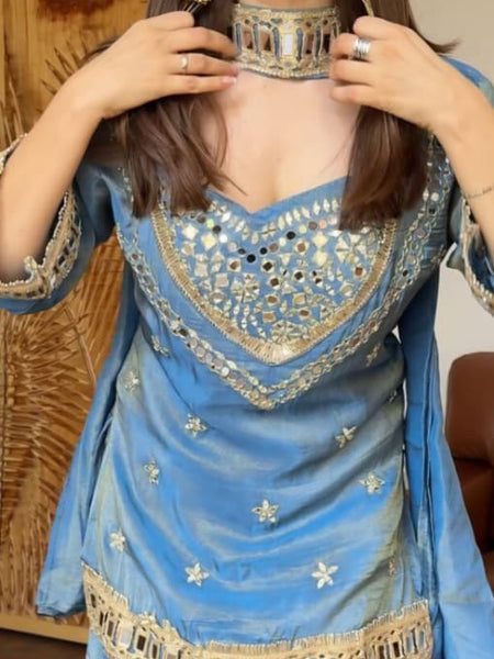 Sky Blue Vichitra Silk Mirror Work Kurta Set with Dupatta