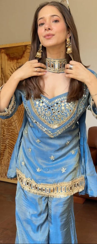 Sky Blue Vichitra Silk Mirror Work Kurta Set with Dupatta