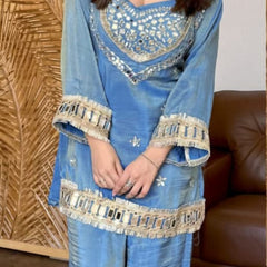 Sky Blue Vichitra Silk Mirror Work Kurta Set with Dupatta
