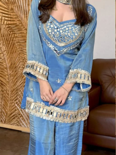 Sky Blue Vichitra Silk Mirror Work Kurta Set with Dupatta