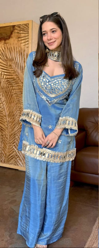Sky Blue Vichitra Silk Mirror Work Kurta Set with Dupatta