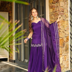 Women's Rangoli Silk Embroidered Kurti Palazzo Set With Organza Dupatta