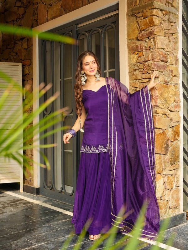 Women's Rangoli Silk Embroidered Kurti Palazzo Set With Organza Dupatta