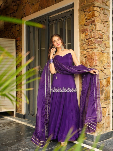 Women's Rangoli Silk Embroidered Kurti Palazzo Set With Organza Dupatta