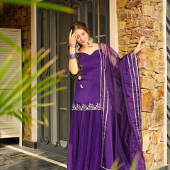 Women's Rangoli Silk Embroidered Kurti Palazzo Set With Organza Dupatta