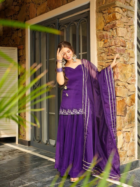 Women's Rangoli Silk Embroidered Kurti Palazzo Set With Organza Dupatta