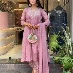 Women's Embroidered Chinon Kurta with Viscose Pant & Dupatta Set