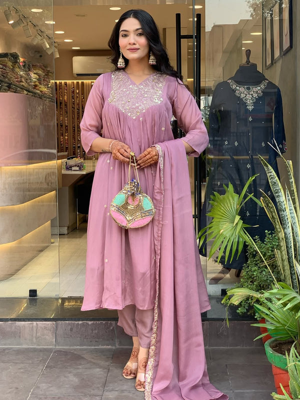 Women's Embroidered Chinon Kurta with Viscose Pant & Dupatta Set