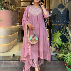 Women's Embroidered Chinon Kurta with Viscose Pant & Dupatta Set