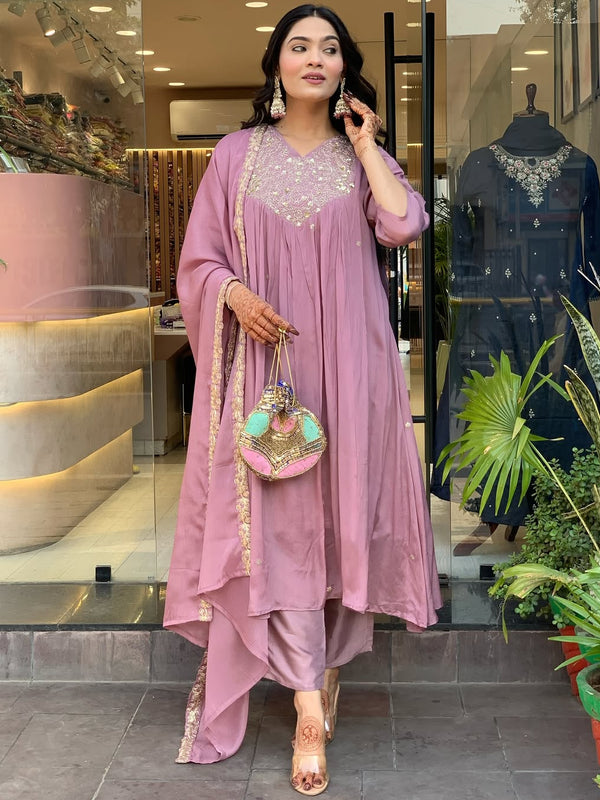 Women's Embroidered Chinon Kurta with Viscose Pant & Dupatta Set