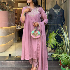 Women's Embroidered Chinon Kurta with Viscose Pant & Dupatta Set