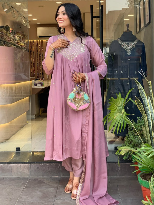 Women's Embroidered Chinon Kurta with Viscose Pant & Dupatta Set