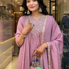 Women's Embroidered Chinon Kurta with Viscose Pant & Dupatta Set