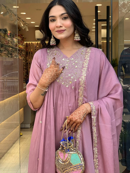 Women's Embroidered Chinon Kurta with Viscose Pant & Dupatta Set