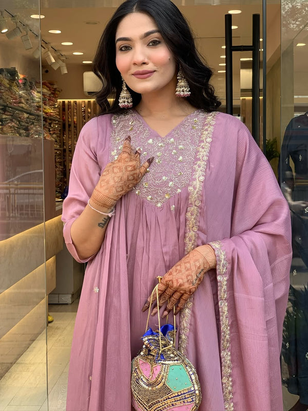 Women's Embroidered Chinon Kurta with Viscose Pant & Dupatta Set