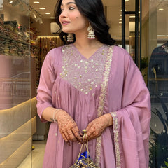 Women's Embroidered Chinon Kurta with Viscose Pant & Dupatta Set