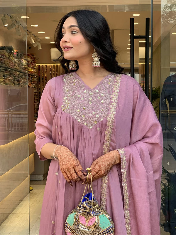 Women's Embroidered Chinon Kurta with Viscose Pant & Dupatta Set