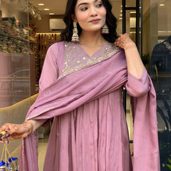 Women's Embroidered Chinon Kurta with Viscose Pant & Dupatta Set