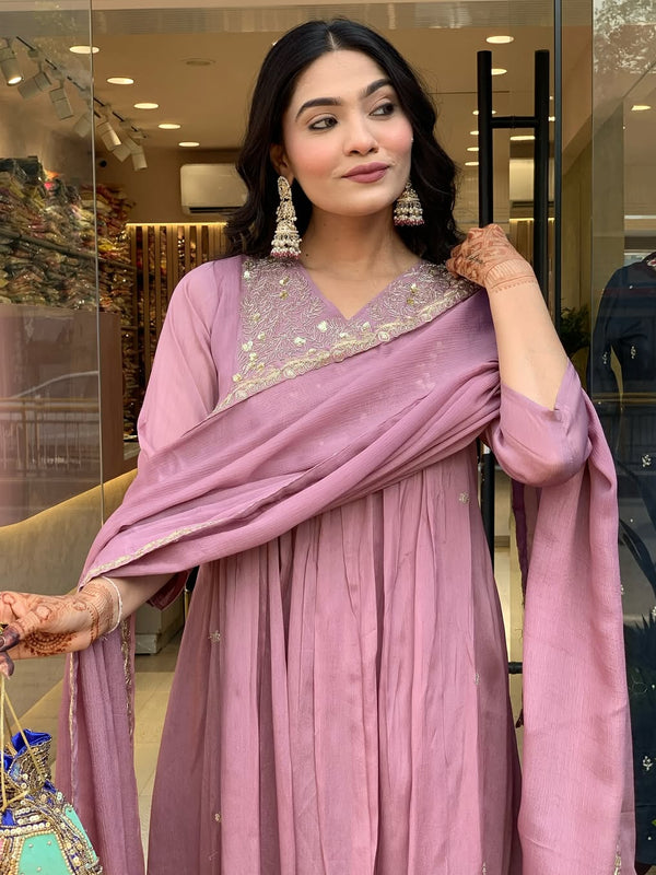 Women's Embroidered Chinon Kurta with Viscose Pant & Dupatta Set