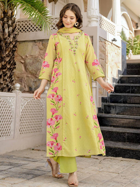 Women's Printed Chanderi Kurti Set with Printed Dupatta