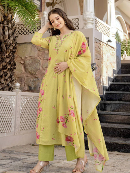 Women's Printed Chanderi Kurti Set with Printed Dupatta