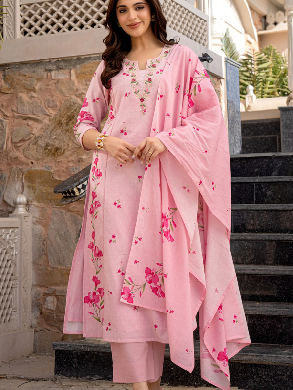 Women's Printed Chanderi Kurti Set with Printed Dupatta